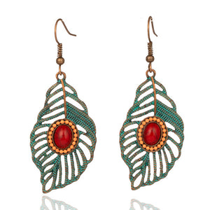 Vintage Ethnic Leaf Drop Dangle Earrings Hanging with Stone for Women