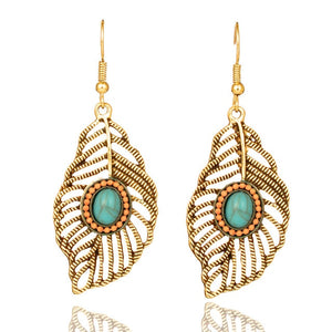 Vintage Ethnic Leaf Drop Dangle Earrings Hanging with Stone for Women