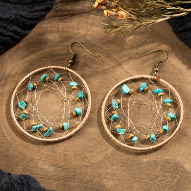 Vintage Net Round Drop Dangle Earrings Hanging with Stones for Women